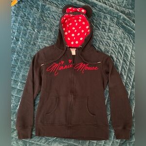 Women's Disney Minnie Mouse black zip hoodie with ears & bow, size L